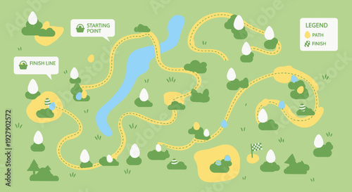 Stylized map of an Easter egg hunt with a winding path, starting point, finish line, lake, and various hidden eggs among green bushes and clouds.