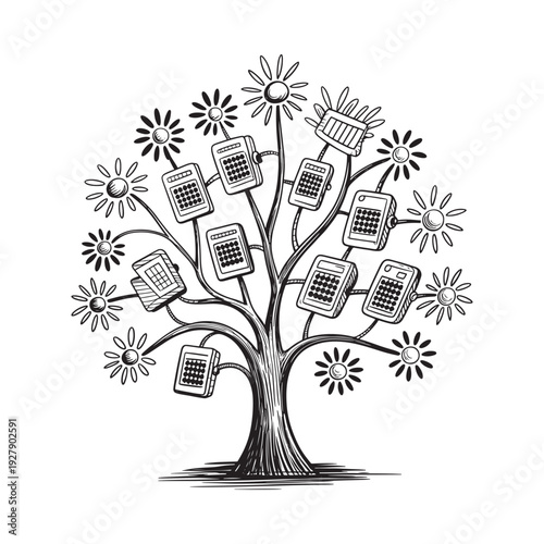 A whimsical black and white illustration depicts a tree blossoming with various car shapes instead of leaves