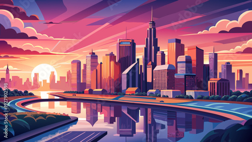 Very beautiful sunrise aerial portrait of Chicago skyline and river, dramatic pink clouds stretching above glass towers while morning light reflects across calm waters.