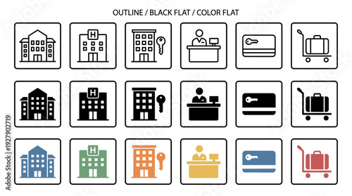 Diverse collection of hotel and hospitality flat icons, presented in outline, black solid, and colorful variations, depicting buildings, reception, key cards, and luggage
