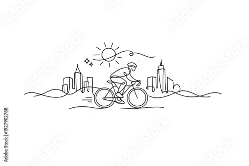 Minimalist line art of a cyclist riding a bike through a city skyline under the sun