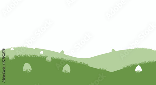 Minimalist illustration of rolling green hills with scattered white mounds under a clear sky, depicting a serene natural landscape.