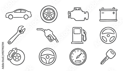 Twelve hand-drawn automotive service icons are neatly arranged, illustrating various vehicle parts, maintenance tools, and related concepts in a clean, simple outline sketch style
