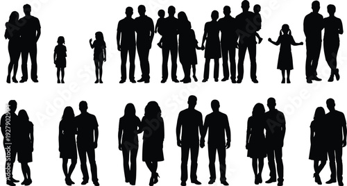 Family and couples silhouette collection with parents, children, and partners standing together, people characters set isolated on white background illustration