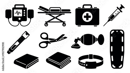 Comprehensive collection of essential medical emergency equipment icons, presented as sleek black silhouettes, conveying readiness, professional care, and urgent assistance