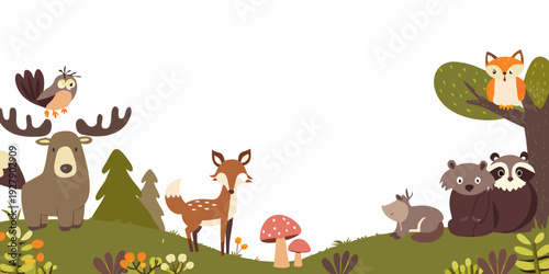 Whimsical forest scene featuring adorable animals and lush greenery