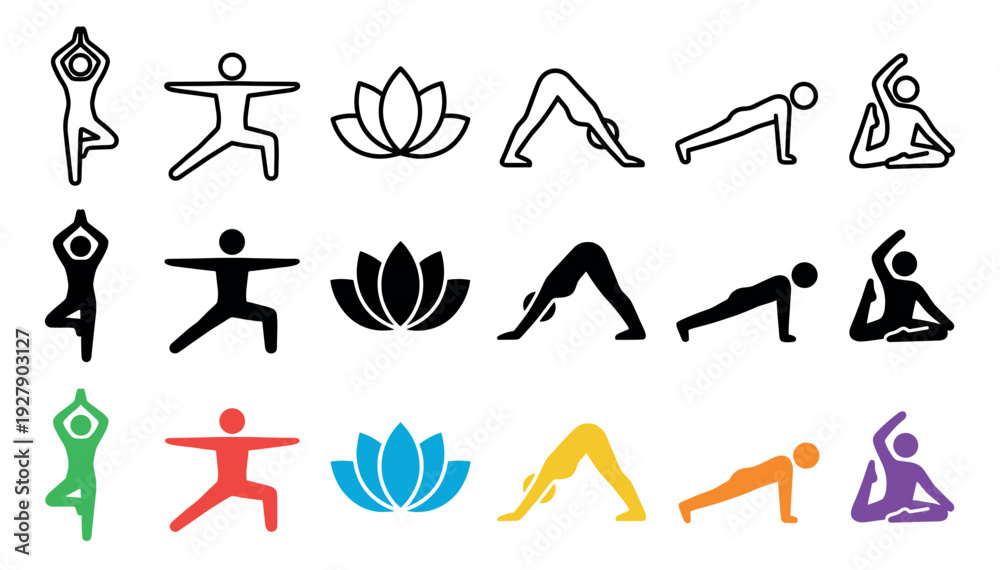Naklejka premium Diverse collection of yoga pose and lotus flower icons presented in a clean, modern graphic style with outline, solid black, and vibrant colorful variations