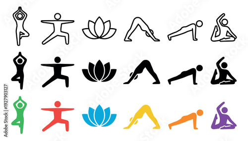Diverse collection of yoga pose and lotus flower icons presented in a clean, modern graphic style with outline, solid black, and vibrant colorful variations