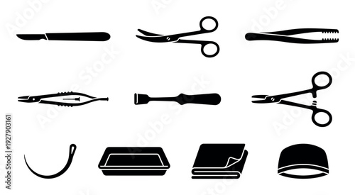 Various black silhouette surgical medical instruments and tools are neatly arranged in a grid pattern, showcasing essential equipment for healthcare procedures with a clean, graphic style