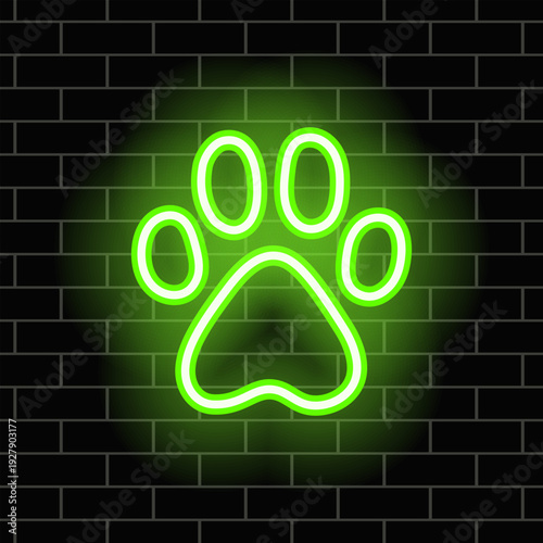 Dog paw print, neon green glowing line on a dark brick wall background, vector illustration.