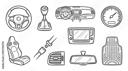 Various hand-drawn car interior parts are neatly illustrated in a clean, minimalist line art style, showcasing essential automotive components like the steering wheel, dashboard, and seat
