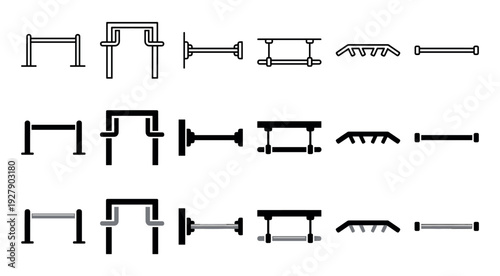 Various black and gray towel rail icons are displayed in a neat grid, showcasing different designs and styles for bathroom and kitchen fixtures, presented in outline, solid, and accented forms