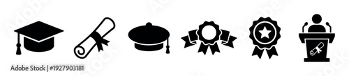 Six black silhouette icons depicting graduation caps, a rolled diploma, award rosettes, and a speaker at a podium, conveying themes of academic success