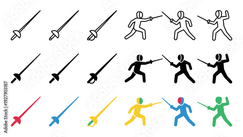 Various stylized fencing swords and fencers are depicted in a graphic collection of outline, solid black, and vibrant colored icons, showcasing the dynamic sport