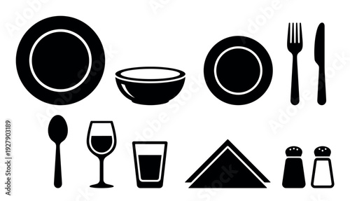 Various black silhouette dining and kitchen icons are neatly arranged in a collection, showcasing essential tableware, cutlery, and condiments with a clean, modern graphic style