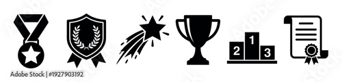Six black silhouette award and achievement icons are neatly arranged in a row, representing success, victory, and recognition with a clean, modern, and graphic style