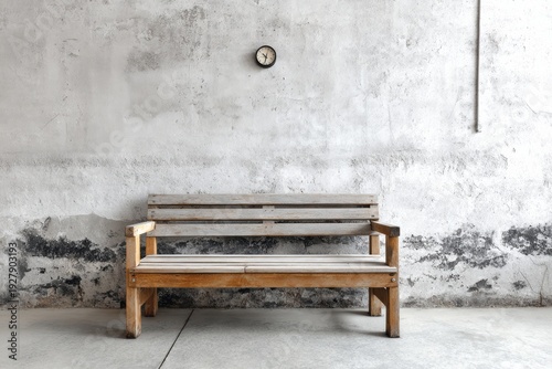 Empty wooden bench sits before a textured wall with a clock overhead.