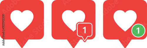 Social Media Like Notification Icon Set with Heart Symbols, Message Badges, and User Engagement Alerts for Apps and Websites