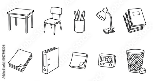 Various black and white line art office supplies and school items are neatly arranged in a clean, illustrative doodle style, conveying a simple, organized, and educational theme