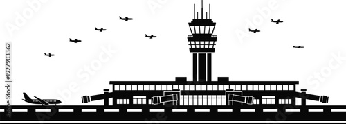 Airport terminal with control tower and airplanes silhouettes, runway scene aviation travel transportation vector illustration