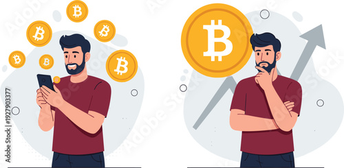 Man Using Smartphone for Bitcoin Investment and Cryptocurrency Trading Concept with Digital Coins, Market Growth Arrow and Financial Technology Illustration Vector