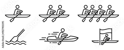 Black outline rowing and kayaking icons set illustrating various water sports activities and competitive racing scenarios in a minimalist style