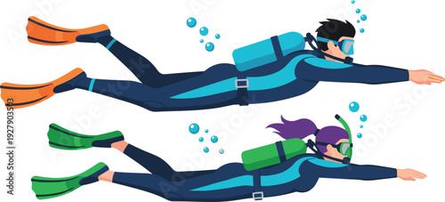 Scuba Divers Swimming Underwater with Oxygen Tanks and Fins Adventure Illustration