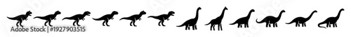 Black dinosaur silhouettes in a row showcase two distinct species, a bipedal carnivore and a long-necked herbivore, in a simple, animated walking sequence