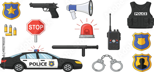 Police Equipment Icon Set with Patrol Car, Handcuffs, Radio, Siren, Gun, Stop Sign and Protective Vest for Law Enforcement Design Projects