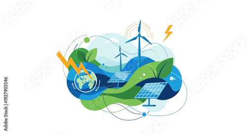 Vector eco friendly icons set with earth solar panel wind turbine