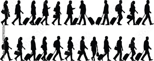 Business travelers walking with luggage silhouettes set, men and women airport passenger travel vector illustration collection