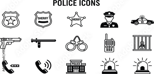 Police Icon Set with Officer, Patrol Car, Handcuffs, Gun, Siren, Radio and Sheriff Badges for Law Enforcement and Security Vector Design