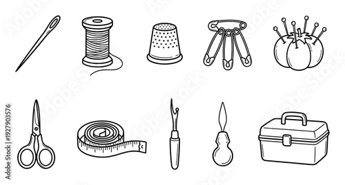 Various sewing and tailoring tools are neatly arranged in a clean, hand-drawn line art style, depicting essential items for crafting and mending with a simple, illustrative aesthetic