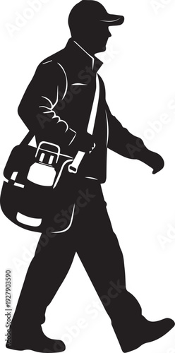 Mailman silhouette walking left carrying large shoulder bag in profile view vector
