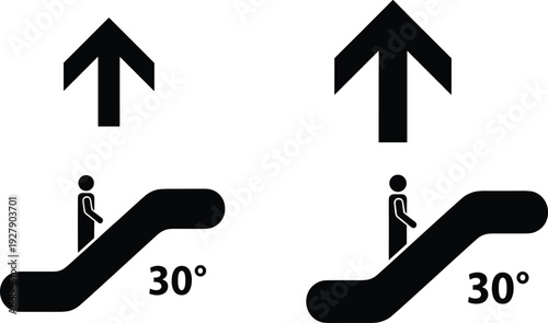 Escalator safety sign with 30 degree incline and upward arrow, passenger guidance symbol, public transportation warning icon isolated on white background
