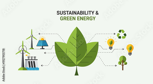 Sustainability and green energy vector illustration set with eco-friendly icons