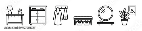 Various black line art home furniture and decor icons are neatly arranged in a horizontal row, depicting common household items with a clean, minimalist outline style