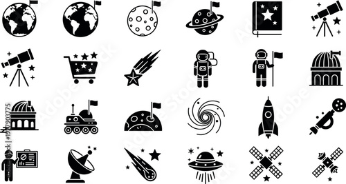 Space and Astronomy Silhouette Icon Set Featuring Planets, Astronauts, Rockets, Telescopes, Satellites, Galaxies, and Cosmic Exploration Symbols in Vector Style