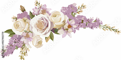 Elegant floral arrangement featuring roses lavender and delicate foliage