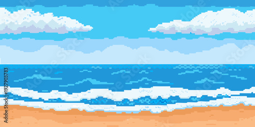 Pixelated beach scene with blue ocean waves and a cloudy sky