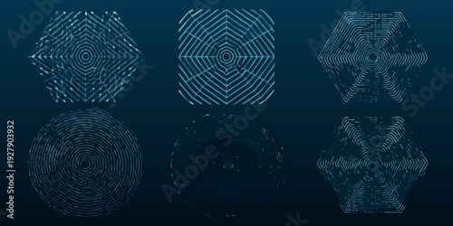 Abstract geometric shapes composed of fine blue lines and circular patterns