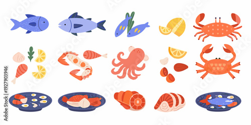 Colorful illustration depicting various sea creatures and prepared seafood dishes
