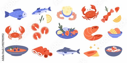 Colorful illustration of various seafood and prepared dishes