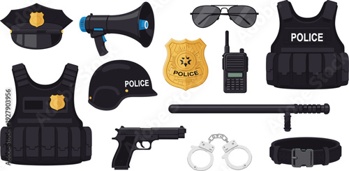 Professional Police Tactical Gear Set Featuring Bulletproof Vest Helmet Megaphone Badge Firearms and Handcuffs for Law Enforcement Safety and Security Graphic Design Projects