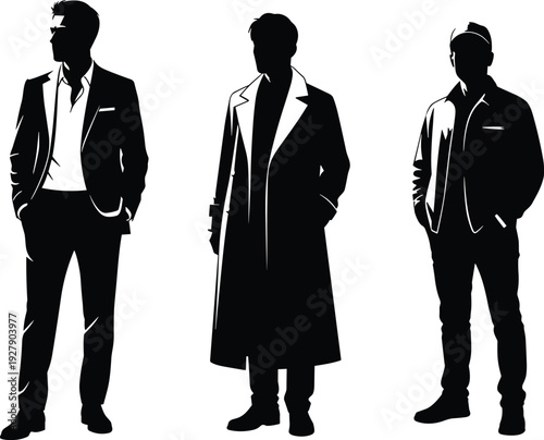 Three stylish men silhouettes wearing modern casual and formal fashion outfits, minimalist black and white male figures isolated on white background for menswear design concepts