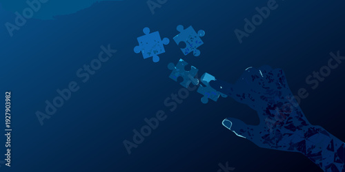 A hand reaching for scattered puzzle pieces against a dark blue background