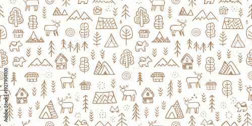 Whimsical woodland creatures and foliage in a seamless pattern
