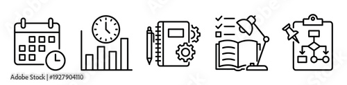 Five black outline icons depicting various business concepts including scheduling, data analysis, project planning, learning, and workflow management, presented in a clean, modern vector style