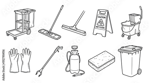 Various essential cleaning tools and equipment are depicted in a detailed black and white line art illustration, showcasing items like mops, buckets, carts, and safety signs