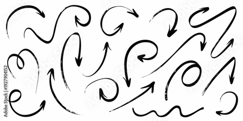 Collection of abstract curved arrows in black on a white background